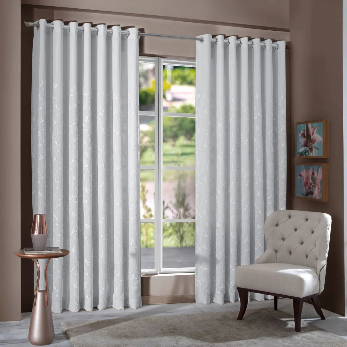 Cortina Maria Flor 4,00m x 2,60m - Folhagem Branca - M&C Cortinas